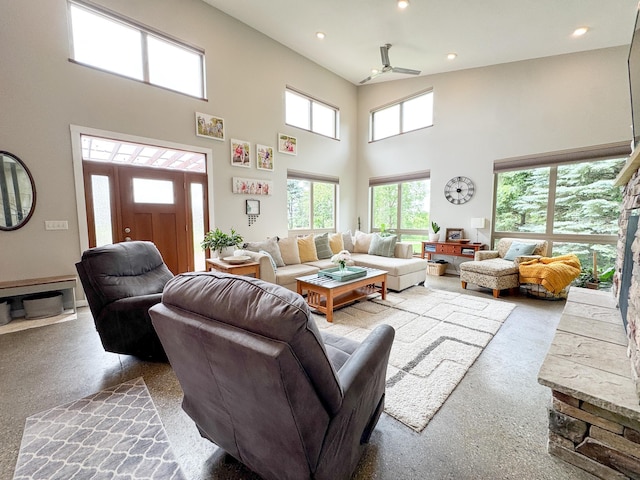 23336 County Highway 120, Fergus Falls, MN 56537 - living area with ceiling fan, a high ceiling, and recessed lighting