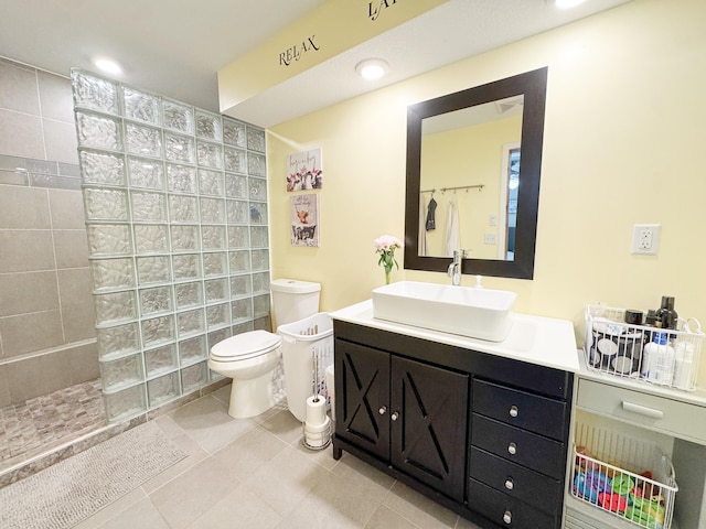 23336 County Highway 120, Fergus Falls, MN 56537 - bathroom featuring walk in shower, vanity, tile patterned flooring, and recessed lighting