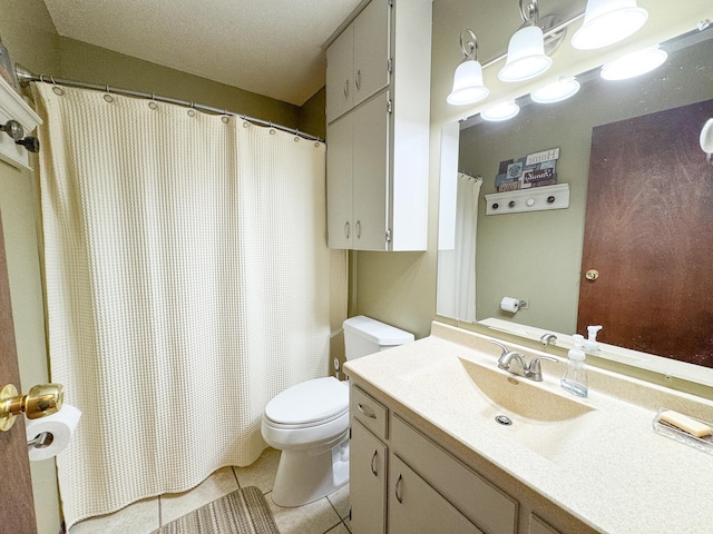 23336 County Highway 120, Fergus Falls, MN 56537 - bathroom with vanity, tile patterned floors, curtained shower, and a textured ceiling