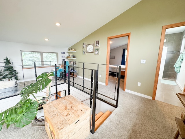 23336 County Highway 120, Fergus Falls, MN 56537 - stairs featuring lofted ceiling, recessed lighting, and carpet floors