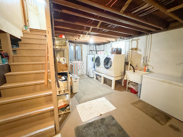 23336 County Highway 120, Fergus Falls, MN 56537 - basement featuring washer and clothes dryer, electric water heater, fridge, electric panel, and stairway