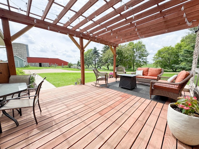 23336 County Highway 120, Fergus Falls, MN 56537 - deck featuring outdoor lounge area, a pergola, a lawn, and outdoor dining space