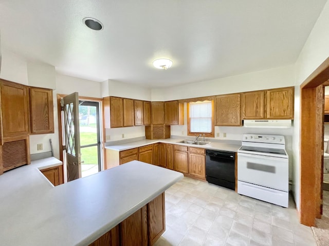 212 Sanborn St, Springfield, MN 56087 - kitchen with white range with electric stovetop, dishwasher, under cabinet range hood, and plenty of natural light