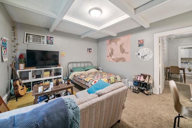 893 Jenks Ave, Saint Paul, MN 55106 - carpeted bedroom featuring coffered ceiling, beamed ceiling, and a wall mounted AC