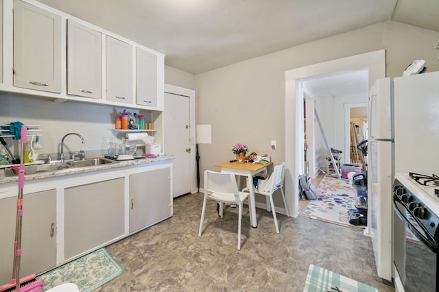 893 Jenks Ave, Saint Paul, MN 55106 - kitchen with gas stove, light countertops, white cabinets, light floors, and open shelves