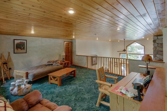 49760 202nd Pl, Mcgregor, MN 55760 - carpeted living area featuring wood ceiling, ceiling fan, and recessed lighting