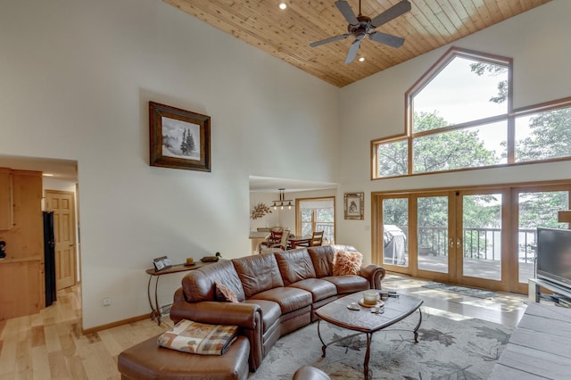 49760 202nd Pl, Mcgregor, MN 55760 - living area with high vaulted ceiling, wooden ceiling, ceiling fan, light wood finished floors, and french doors