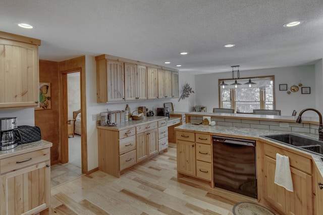 49760 202nd Pl, Mcgregor, MN 55760 - kitchen featuring dishwasher, light brown cabinetry, light wood-style floors, recessed lighting, and a textured ceiling