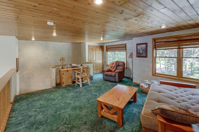 49760 202nd Pl, Mcgregor, MN 55760 - living room with wood ceiling, carpet flooring, and recessed lighting