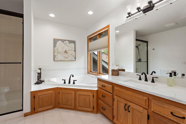 842 Vista Cir, Delano, MN 55328 - full bath featuring a shower stall, a garden tub, vanity, tile patterned floors, and recessed lighting