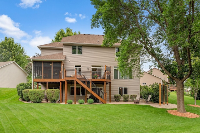 842 Vista Cir, Delano, MN 55328 - back of property with a sunroom, a patio area, stairs, and a yard
