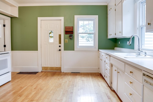 914 9th Ave N, Saint Cloud, MN 56303 - kitchen featuring a wainscoted wall, dishwasher, light wood-style floors, plenty of natural light, and white cabinets