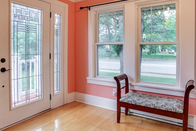 914 9th Ave N, Saint Cloud, MN 56303 - doorway to outside with wood finished floors and a baseboard heating unit
