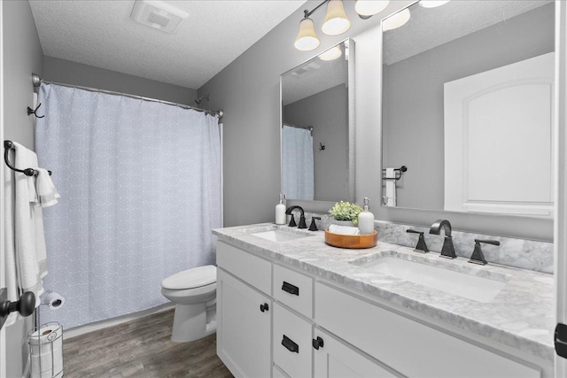 1272 Pheasant Run, New Richmond, WI 54017 - full bath with wood finished floors, double vanity, a textured ceiling, and a shower with curtain