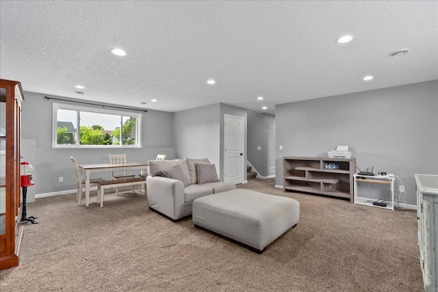 1272 Pheasant Run, New Richmond, WI 54017 - living room with carpet, a textured ceiling, recessed lighting, and stairway