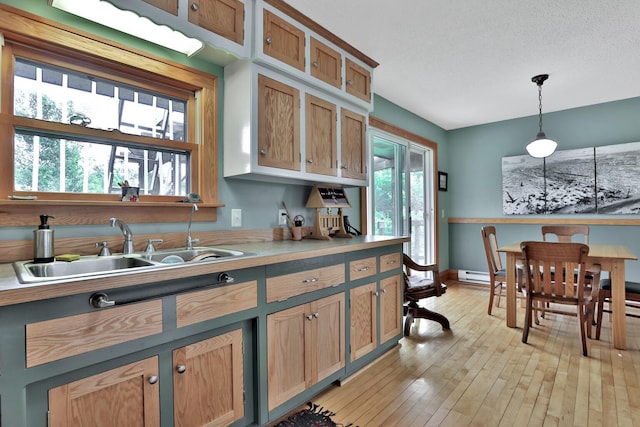 3523 273rd Ave NE, Athens Twp, MN 55040 - kitchen with decorative light fixtures, light wood-style floors, baseboard heating, and light countertops