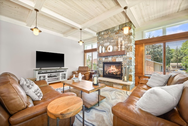 70348 219th St, Dassel, MN 55325 - living room with a wood ceiling with exposed beams, a fireplace, and wood finished floors