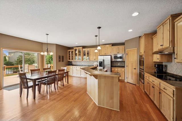 15807 Martin St NW, Andover, MN 55304 - kitchen with appliances with stainless steel finishes, light brown cabinets, tasteful backsplash, glass insert cabinets, and light wood-type flooring