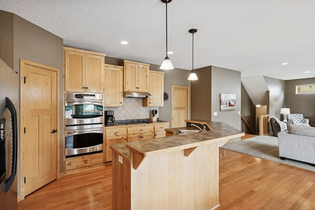 15807 Martin St NW, Andover, MN 55304 - kitchen with stainless steel double oven, light brown cabinetry, light wood-type flooring, open floor plan, and a textured ceiling