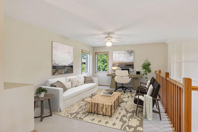 1900 Hunter Hill Rd, Hudson, WI 54016 - carpeted living room with a desk, a ceiling fan, and a textured ceiling