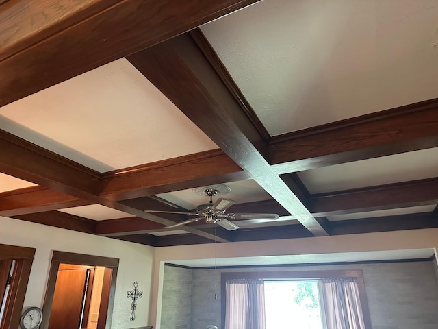 220 Woodman Ave, Dovray, MN 56125 - detailed view of coffered ceiling, beam ceiling, and ceiling fan