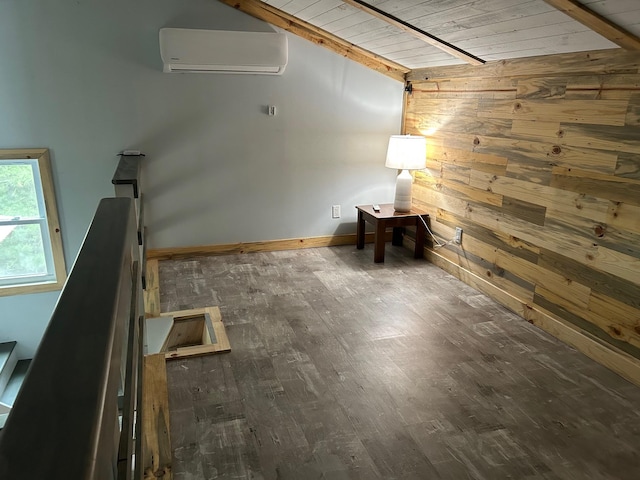 6274 Azalea Rd, Motley Twp, MN 56466 - unfurnished room featuring a wall mounted AC, wood walls, wood finished floors, and wooden ceiling