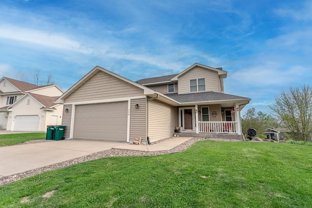 104 Sylla St, River Falls, WI 54022 - traditional-style home featuring covered porch, a garage, a front lawn, driveway, and a shingled roof