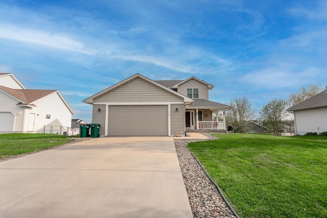 104 Sylla St, River Falls, WI 54022 - view of front of house with covered porch, concrete driveway, an attached garage, and a front yard