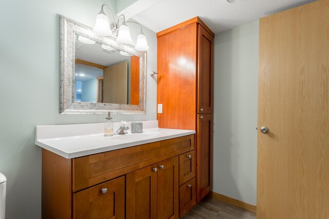 104 Sylla St, River Falls, WI 54022 - bathroom featuring vanity, wood finished floors, and a chandelier