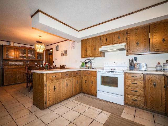 8585 Ilex Pl NW, Rice, MN 56367 - kitchen with white electric range, under cabinet range hood, a peninsula, a chandelier, and brown cabinetry