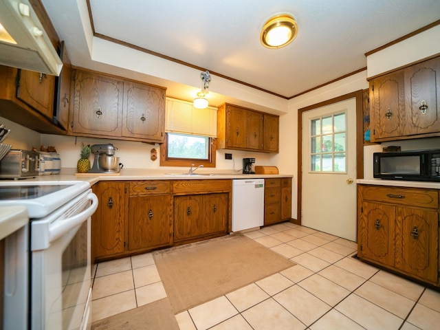 8585 Ilex Pl NW, Rice, MN 56367 - kitchen featuring white appliances, range hood, light countertops, brown cabinets, and crown molding
