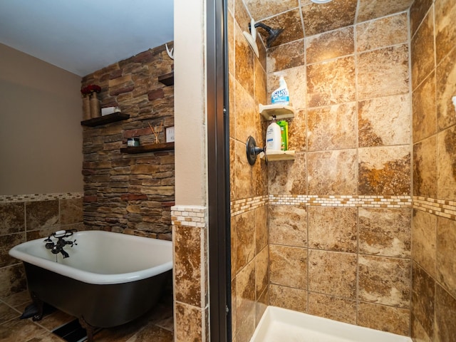8585 Ilex Pl NW, Rice, MN 56367 - full bath featuring a shower stall, a freestanding tub, tile walls, and a wainscoted wall