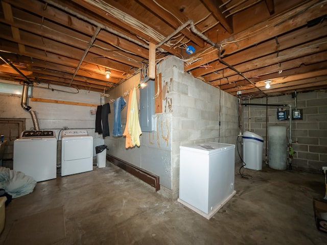 8585 Ilex Pl NW, Rice, MN 56367 - unfinished below grade area with washer and clothes dryer, electric panel, concrete block wall, and a water softener
