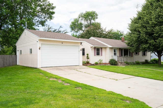 111 4th St N, Grove City, MN 56243 - ranch-style home featuring a chimney, a garage, a shingled roof, and concrete driveway