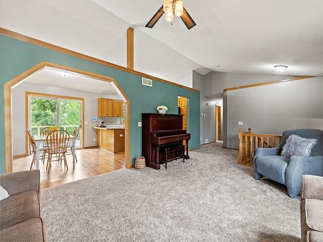 6735 378th St, North Branch, MN 55056 - living area with ceiling fan, lofted ceiling, and light colored carpet