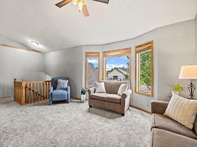6735 378th St, North Branch, MN 55056 - carpeted living room featuring a ceiling fan and lofted ceiling