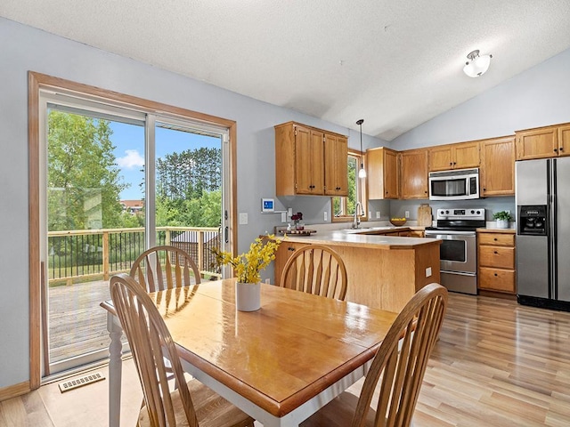 6735 378th St, North Branch, MN 55056 - dining space featuring vaulted ceiling, light wood-type flooring, and a textured ceiling