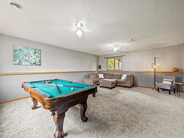 6735 378th St, North Branch, MN 55056 - playroom with carpet, a ceiling fan, billiards, and a textured ceiling