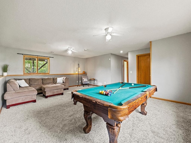 6735 378th St, North Branch, MN 55056 - rec room featuring a ceiling fan, carpet floors, billiards table, and a textured ceiling