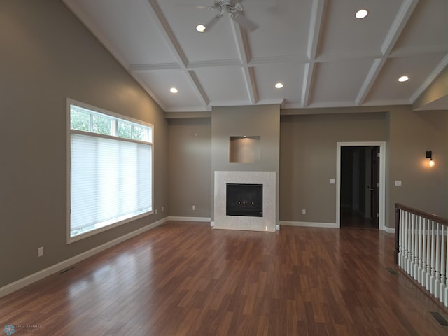 716 Northridge Way W, Fargo, ND 58078 - unfurnished living room with ceiling fan, a fireplace, dark wood-type flooring, beamed ceiling, and recessed lighting