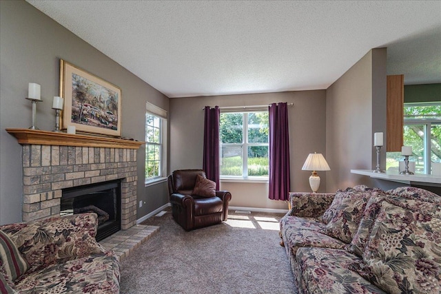 16901 90th Ct N, Maple Grove, MN 55311 - living room with carpet, a fireplace, and a textured ceiling