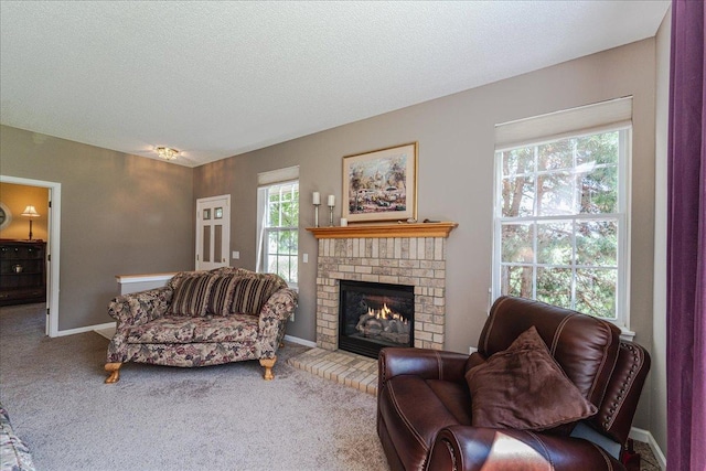16901 90th Ct N, Maple Grove, MN 55311 - living area featuring carpet, a fireplace, and a textured ceiling