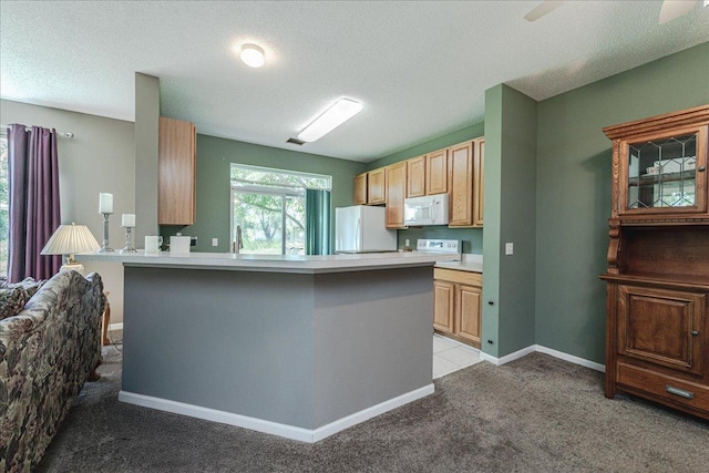 16901 90th Ct N, Maple Grove, MN 55311 - kitchen with white appliances, light carpet, light countertops, a peninsula, and a textured ceiling