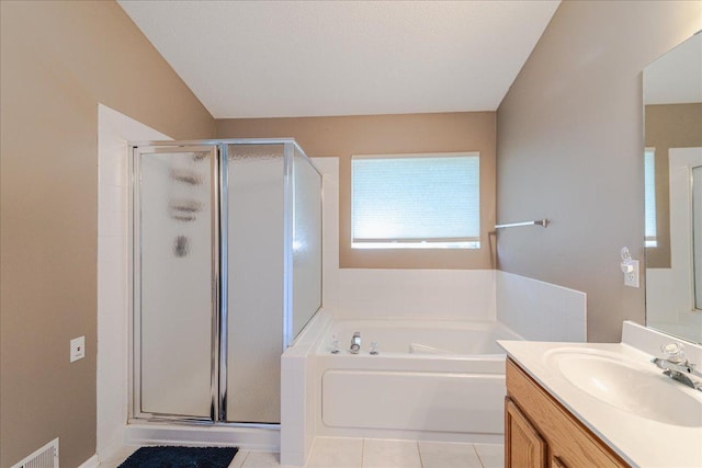 16901 90th Ct N, Maple Grove, MN 55311 - full bathroom featuring a stall shower, a garden tub, vanity, and tile patterned floors