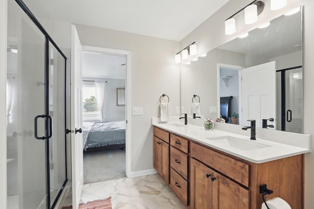 2878 Kama Ave NE, Saint Michael, MN 55376 - bathroom featuring ensuite bath, double vanity, marble finish floors, and a shower stall
