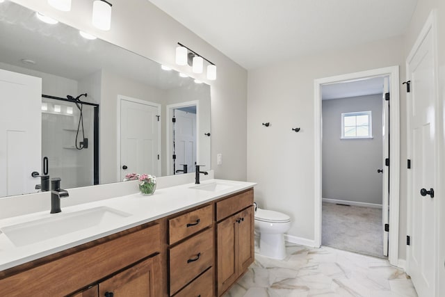 2878 Kama Ave NE, Saint Michael, MN 55376 - bathroom featuring double vanity, a stall shower, and marble look tiles