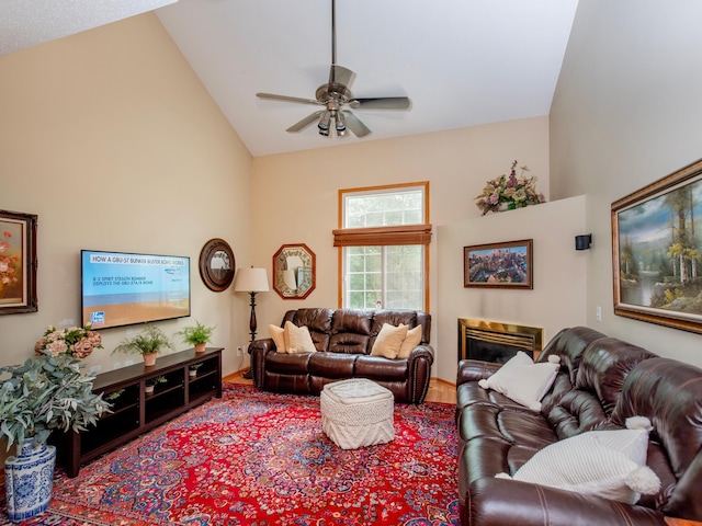 6388 Tahoe Rd, Woodbury, MN 55125 - living area featuring ceiling fan, wood finished floors, high vaulted ceiling, and a fireplace