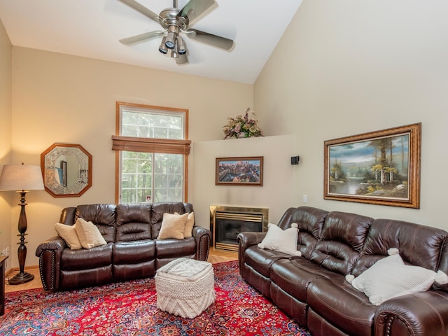 6388 Tahoe Rd, Woodbury, MN 55125 - living area with a ceiling fan, wood finished floors, vaulted ceiling, and a glass covered fireplace