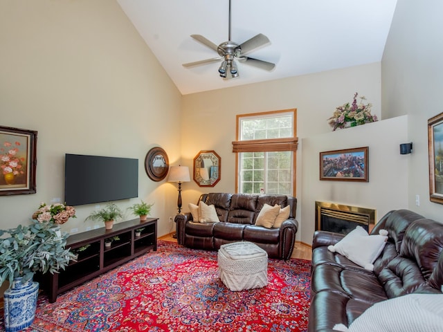 6388 Tahoe Rd, Woodbury, MN 55125 - living area featuring ceiling fan, wood finished floors, high vaulted ceiling, and a glass covered fireplace