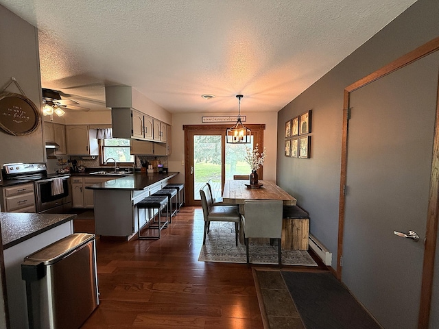 112 Orchard Cir, Montevideo, MN 56265 - dining space featuring a baseboard radiator, a textured ceiling, dark wood-style flooring, and a ceiling fan